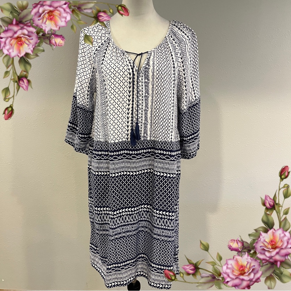 Tanzara Navy and White geometric print loose fit mini Dress size large‎
